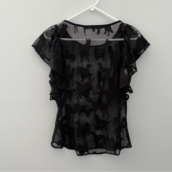 Eva Franco Lace Ruffle Cap Sleeve Dog Print Top Womens M Black - Picture 2 of 5